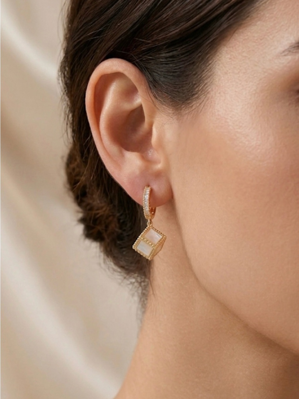 Cube Drop Huggie Earrings | Mother of Pearl | Elegant Dangle